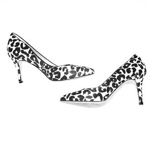 INC Snow Leopard Print Real Calf Hair Pumps Black White Animal Print Snow Heels